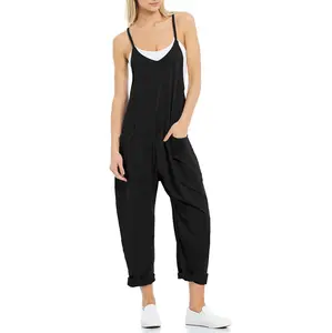YF Breathable Cotton Blend Casual Romper Sleeveless Wide Shoulder Strap Big Side Pocket Relax Drop Crotch Jumpsuit for Weekend Commute & Beach Travel