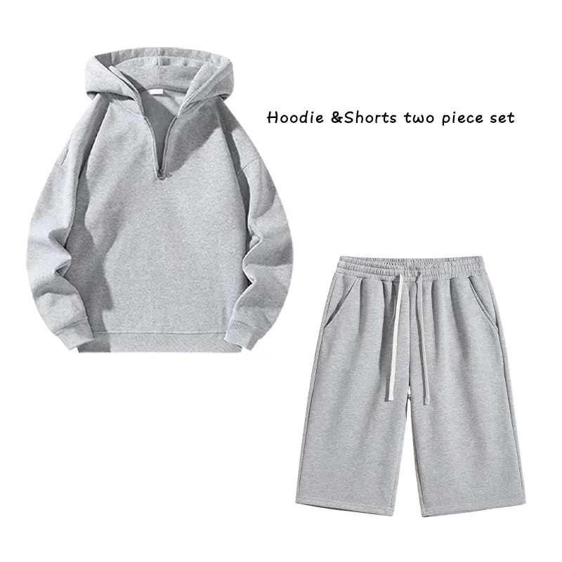 Men's 2-Piece Casual Streetwear Set, Half-Zip Hooded Long-Sleeve Sweatshirt & 7/8-Length Athletic Wide-Leg Shorts, Slim Fit, Adjustable Drawstring Elastic Waistband, Solid Color Menswear for Summer