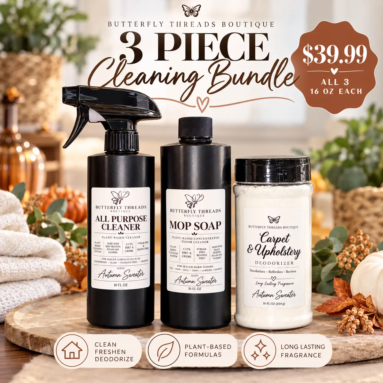 Butterfly Threads Boutique 3-Piece Whole Home Cleaning Bundle 16 oz Each All Purpose Cleaner Concentrated Mop Soap Carpet Upholstery Deodorizer Plant-Based Formulas Long-Lasting Fragrance