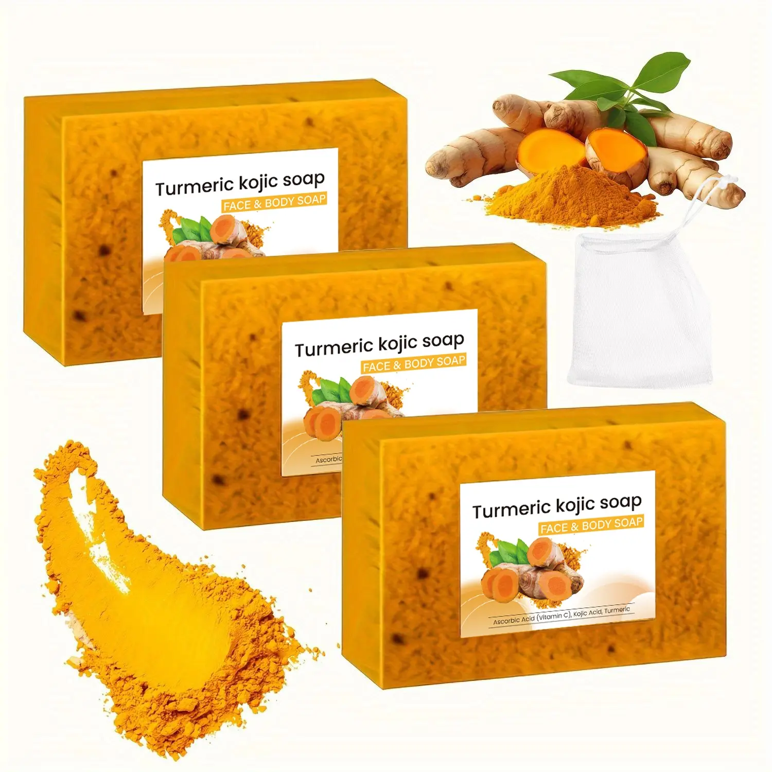 3pcs 100g turmeric, kojic and citric acid granule soaps with a foaming net, rich in foam, facial and body Gentle Cleansing soaps, deeply clean skin impurities, moisturize and moisturize, Moisturizing, Hydrating, suitable for all skin types, Body Care