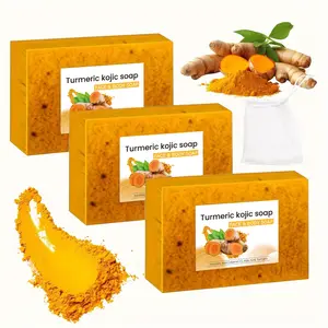 3pcs 100g turmeric, kojic and citric acid granule soaps with a foaming net, rich in foam, facial and body cleaning soaps, deeply clean skin impurities, moisturize and moisturize, suitable for all skin types