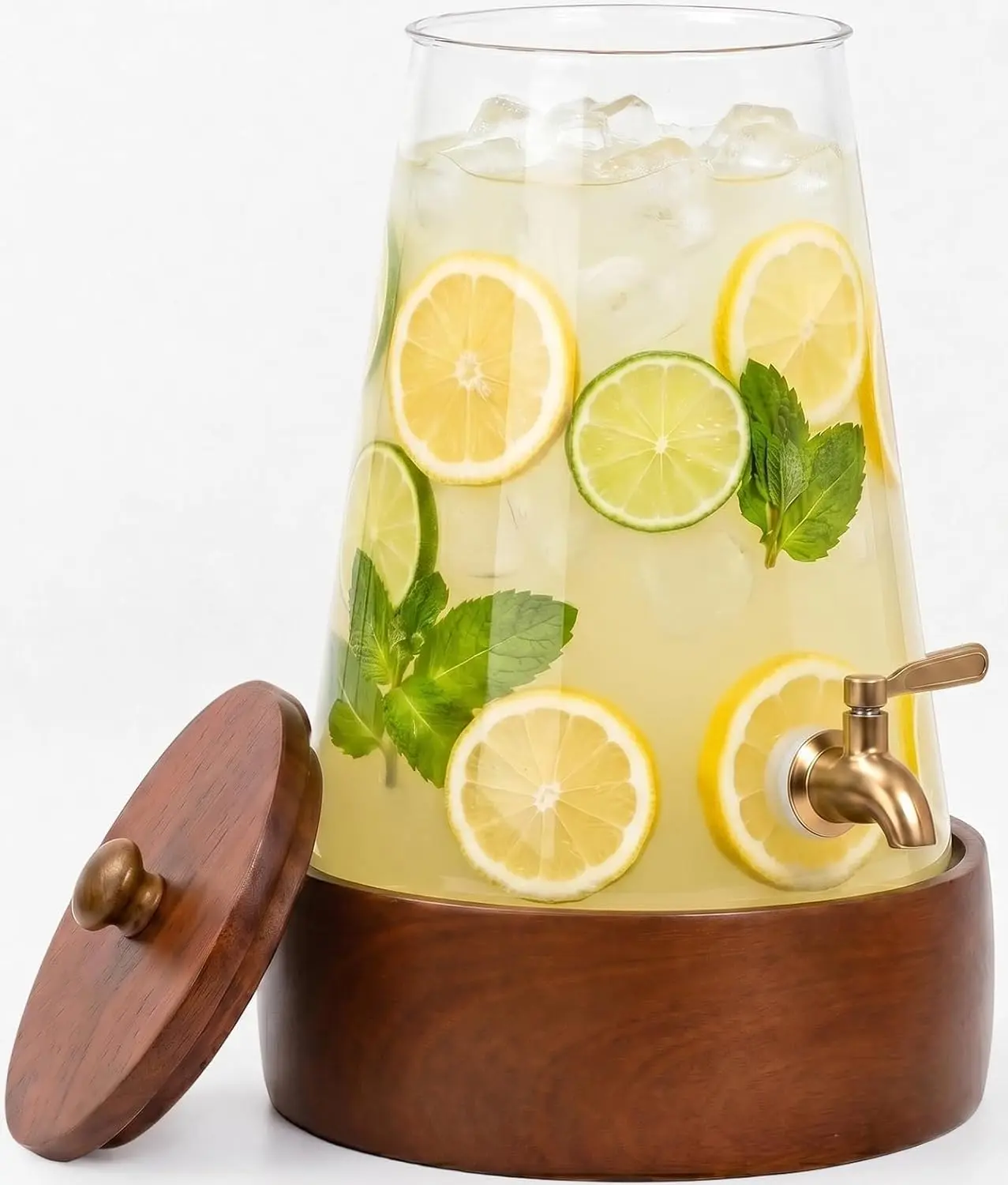 1.7 Gal (6.4L) Aesthetic Sturdy Glass Drink Jar Dispenser with Spigot, Wooden Base, Leakproof Lid, Rustic Kitchenware Serving Container for Parties, Weddings, Iced Tea