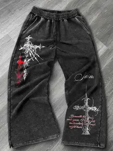 Men's Vintage Washed Casual Pants, Subculture Enthusiasts, Distressed Fabric, Cross Decoration, Loose Wide Leg, Comfortable Fit, Casual Streetwear Trousers