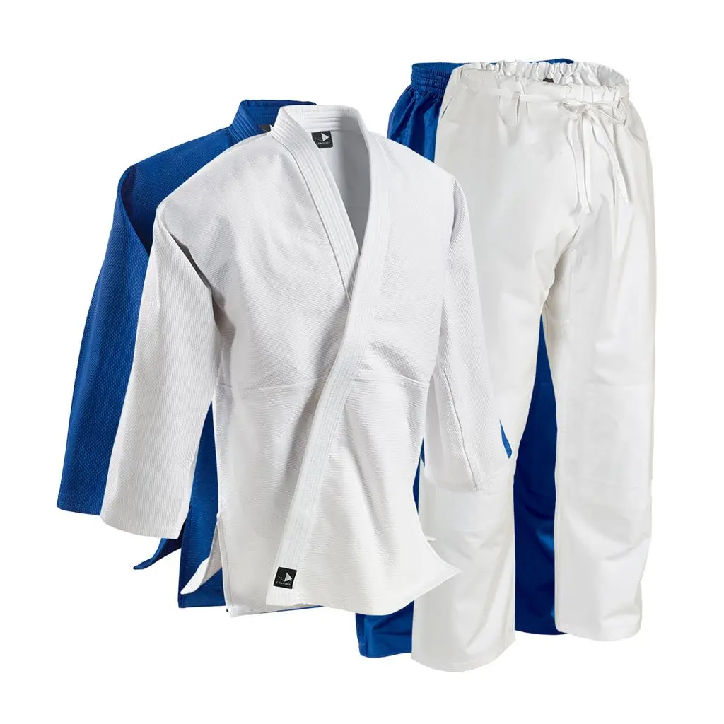 Student Single-Weave Cotton Judo Gi - Imported Martial Arts Clothes with Durability-Focused Reinforced Stress Points, Full Gusset, Elastic Waist, Padded Knees, Heavyweight Jacket, Middleweight Pants, Included White Rank Belt, Machine Washable