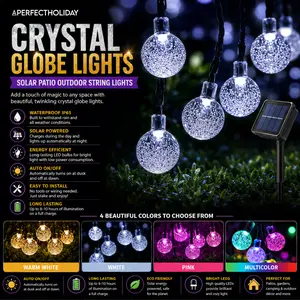 Perfect Holiday Solar Globe String Lights Waterproof Outdoor Patio Garden Lighting 8 Modes Crystal Globe