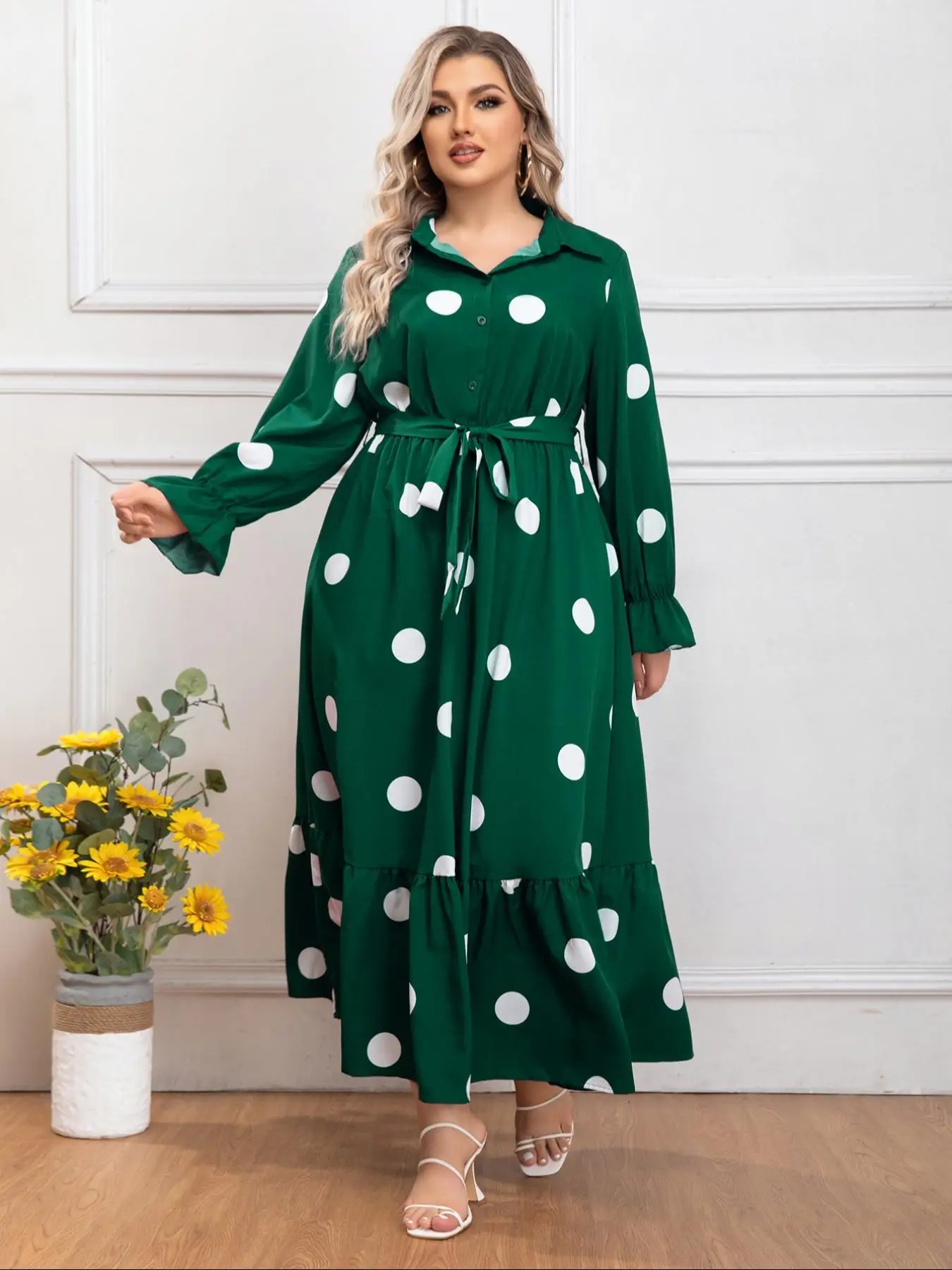 Plus Size Polka Dot Print Button Front Ruffle Hem Belted Shirt Dress, Elegant Fashion Flounce Sleeve Long Dress for Daily Outdoor Wear, Women Plus Clo