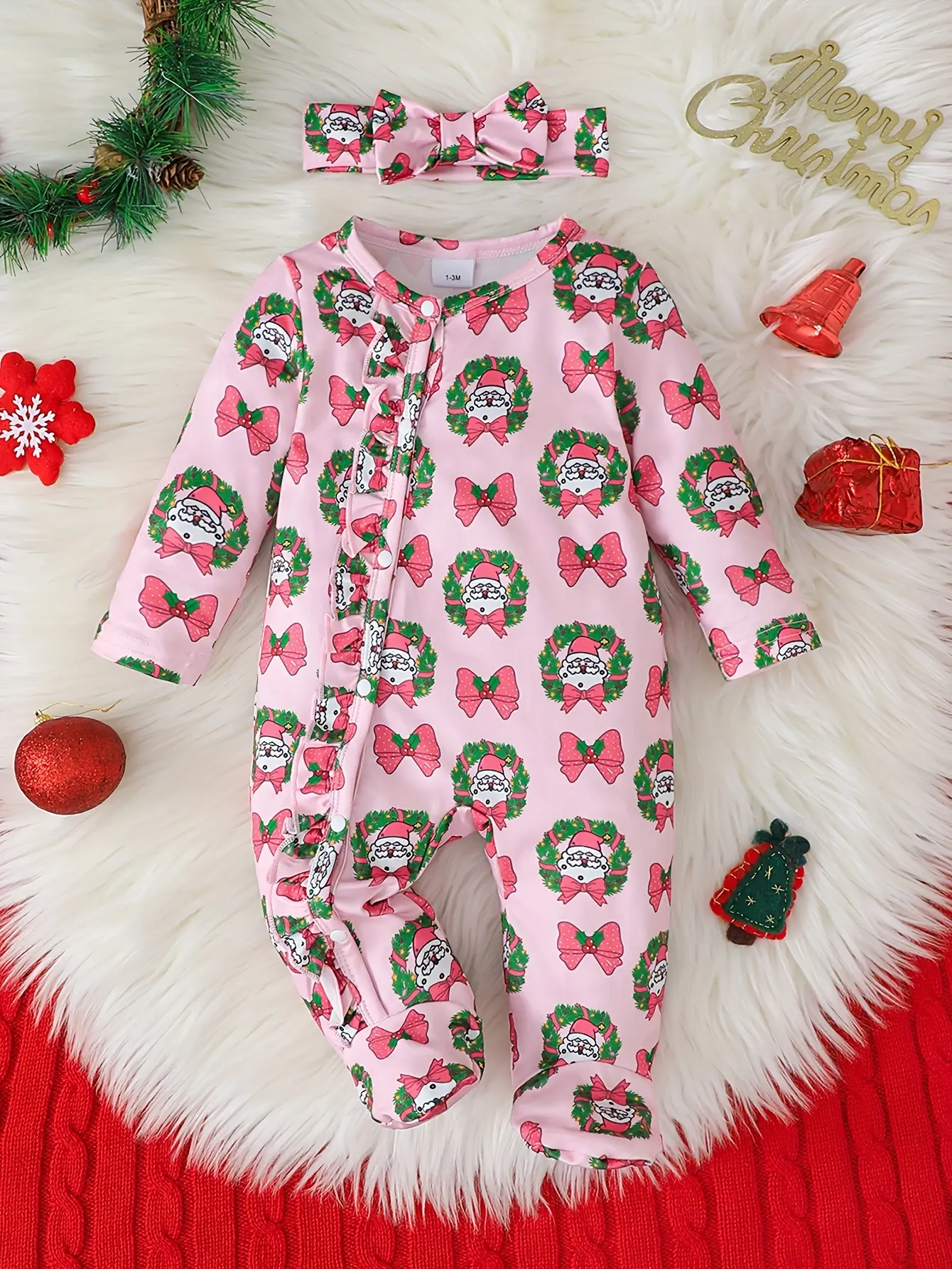 Holiday Family Photo 1-18M Cute Baby Girl Christmas 2-Pieces Santa Claus & Bow Print Single Breasted Design Long Sleeve Footed Romper with Coordinating Headband 42508020