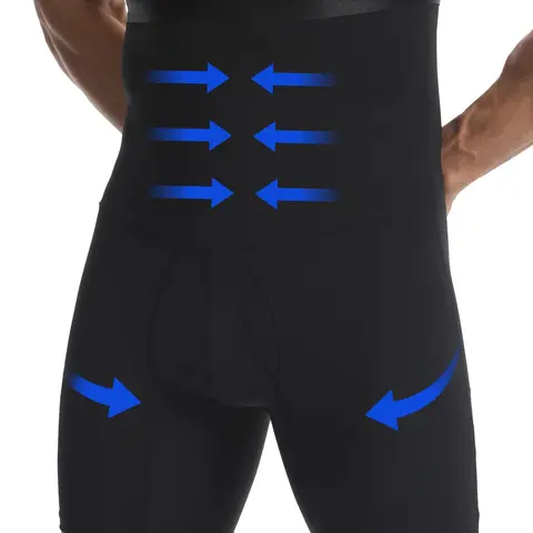 Men's High-Waisted Shaping Shorts with Silicone Anti-Slip Waistband, Compression Fit for Tummy Control and Hip Sculpting, Anti-Chafing Thigh Coverage, Body Shapewear for Gym and Daily Wear