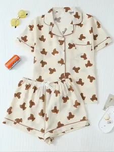 Women's Butterfly Print Pajama Set, Fitted Casual Sleepwear, Sweet & Cute Lapel Button Top & Bow Shorts, Home Wear, Loungewear