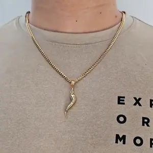 Gold Italian Horn Necklace for Men 5mm Cuban Chain Diamond Cut Pendant Classic Design Sparkle 14k Heavy Plated Gold Jewelry