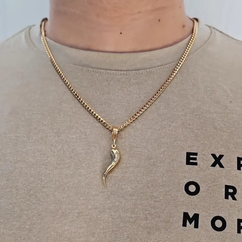 Gold Italian Horn Necklace for Men 5mm Cuban Chain Diamond Cut Pendant Classic Design Sparkle 14k Heavy Plated Gold Jewelry