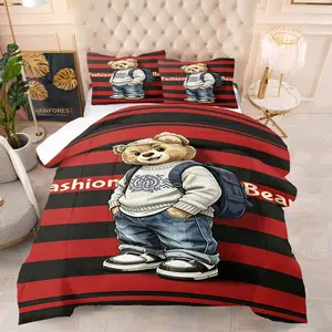 Fashion and trendy cartoon teddy bear printed pattern bedding set, including 1 blanket and 1 or 2 pillowcases without pillowcases, soft children's and adult bedroom decoration gifts, Cute teddy bear bedding set