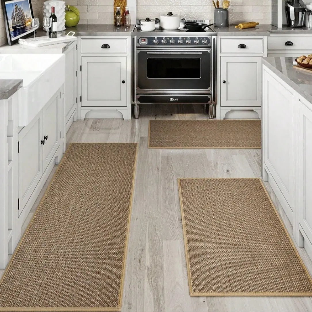 3-Piece Jute-Look Kitchen Rug Set, Minimalist Camel Stain-Resistant Soft Runner Floor Mats, Machine Washable, 40×60cm 50×80cm 50×120cm Floor Carpet for Kitchen Dining Room Bathroom