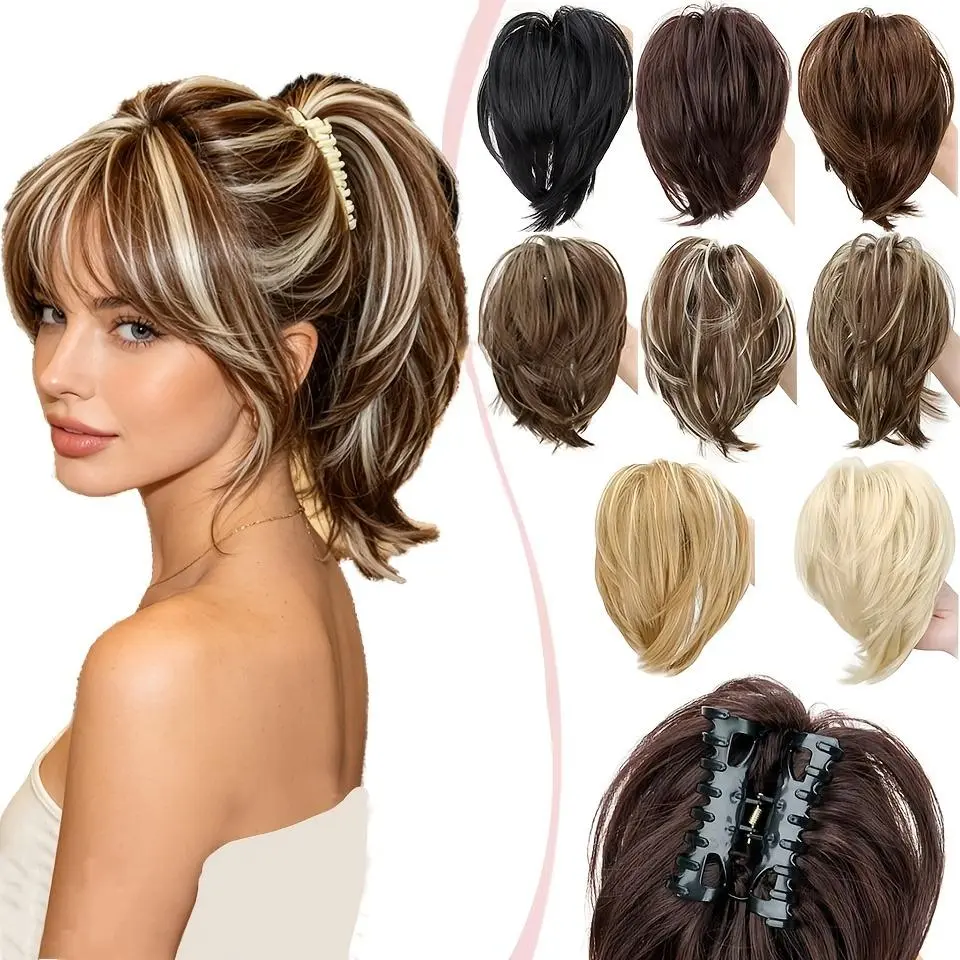 [Hair Bun Extensions] Short Straight Claw Clip Ponytail Hair Bun Extensions Blonde Brown High Temperature Fiber Synthetic Chignon Natural Look for Women Daily Casual Wear