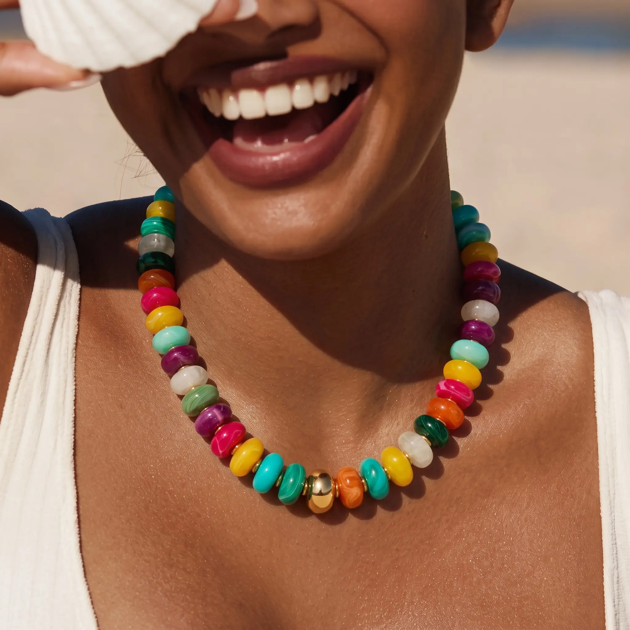 Women's Bohemian Fashion Beaded Chunky Chain Female Neckpiece - Long Length Geometric Beads Resin Necklace for Casual Wear, Summer Party Beach Use, Bohemian Look