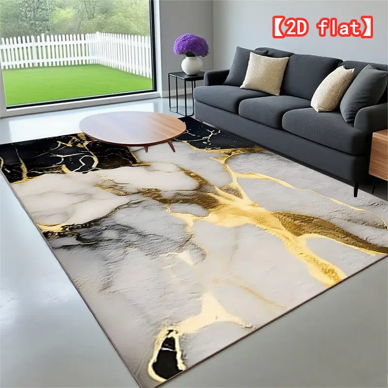 2D flat   Gold, black, and white abstract velvet carpet, non-slip and machine washable, suitable for living room, bedroom, and office - multiple sizes available, living room decor | Luxury velvet mat, living room carpet