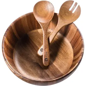 Wooden Salad Bowl, 12'' Acacia  Salad Bowls Set Large Salad Mixing Bowl with Servers-3- Big Salad Bowl Set