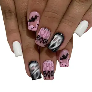 Halloween Press on Nails Medium Square Fake Nails with Glue Horror Ghost Face Glue on Nails Pink Acrylic Nail Blood Bat Skull Stick on Nail 24Pcs