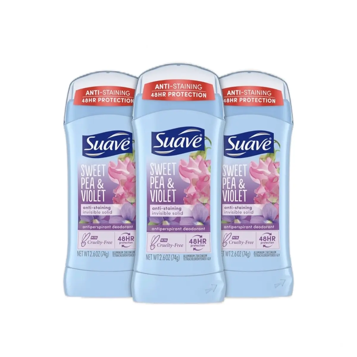 Suave Sweet Pea & Violet Invisible Solid Antiperspirant Deodorant Stick, 2.6 Oz (Pack of 3), 48H Protection for Women