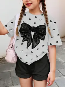Adorable 3D Bowknot Print Set, Elegant Butterfly Knot Pattern, Fashionable Casual Short Sleeve Shorts, Summer Wear for Young Girls, Casual Outfit Set, Summer Outfits Set