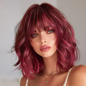 SMILCO/14Inch Highlight Pink with Rose Red Short Curly with Bangs Synthetic Wig/SM493