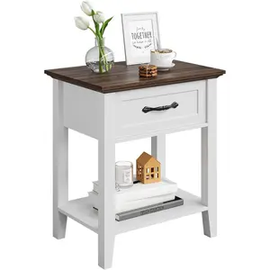 Nightstands, End Table with Drawer, Side Table for Living Room, 2 Tiers Storage Shelves Bedside Table for Study Room, Bedroom, Dorm, 1pcs-White