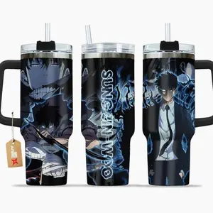 [Sip40 Otaku] Solo Leveling Sung Jin-Woo 40oz Tumbler With Handle – Shadow Monarch Stainless Steel Travel Mug, Anime Iced Coffee Cup, Manhwa Gift for Otaku & Gamer