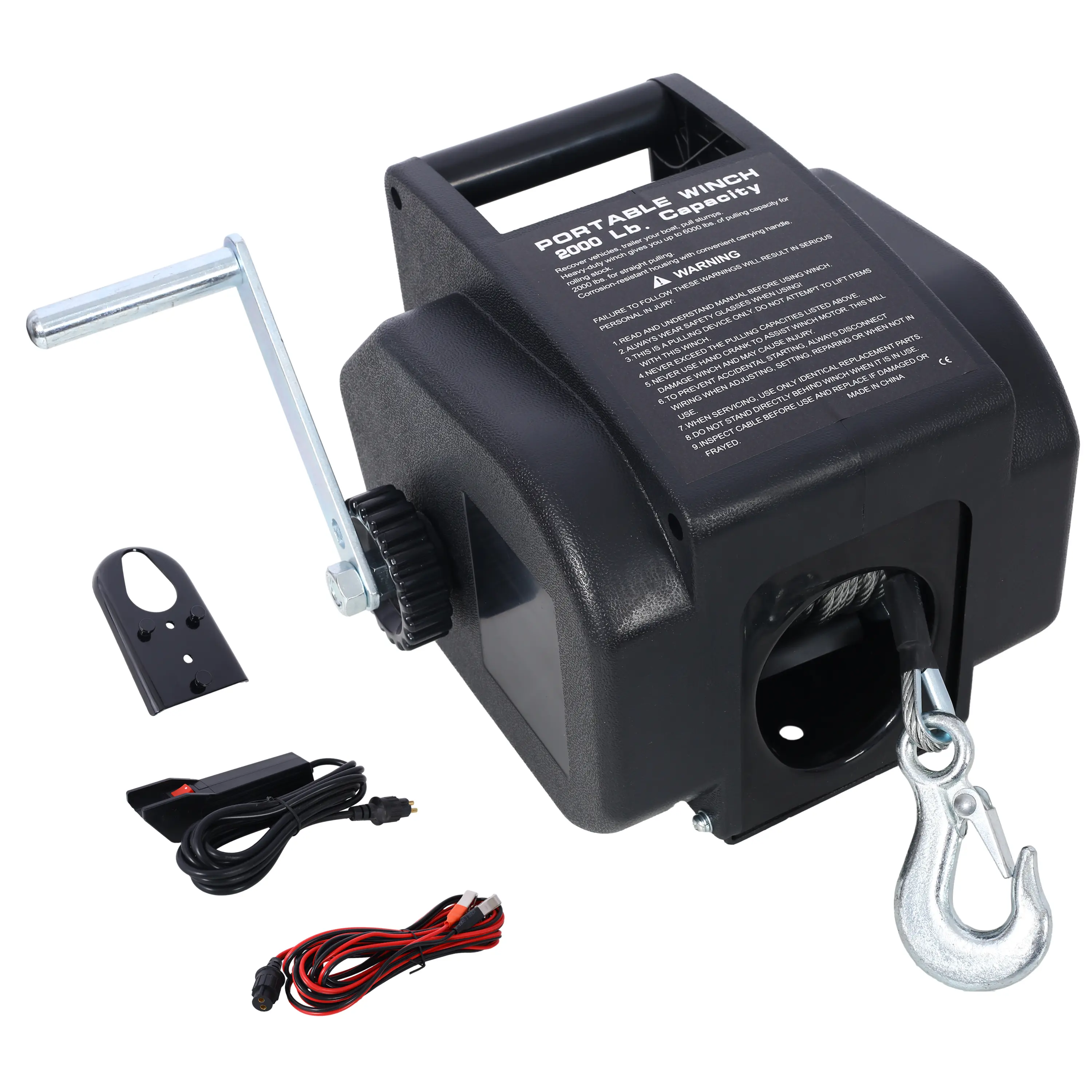 12V Reversible Electric Trailer Winch with Motor, 12VDC Input, 5000lb Capacity, Galvanized Wire Rope, Rapid Ball Hitch Mount Plate, Easy Installation, Handheld Remote, Power In-Manual Crank Out, Black Plastic Casing, Heavy-Duty Power, Portable Design, 600