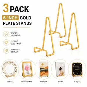 Plate Holder Easel Display Stand, 6 Inch Metal Plate Stands for Display – Gold Iron Easels for Displaying Pictures, Photo Frames, Books, Decorative Plates, Plaque – Tabletop Easel for Home, Wedding, Party – 3 Pack