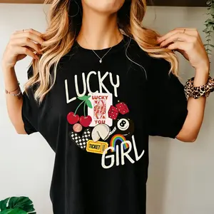 Vintage Inspired Lucky Girl T-Shirt with Positive Vibes and Retro Graphic Design