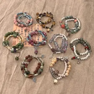 Cloud Mountain Meditation Handmade Ceramic Double-Band Bracelet Adjustable Fit Zen Chic Cultural Fusion for Gifting Ethnic Inspired Jingdezhen Ceramic Double Loop Bracelet with Pendant Chain Trendy Stack Bangle Summer Dainty Jewelry Spr