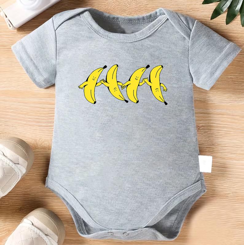 100% Cotton Baby Romper - Soft Short Sleeve Jumpsuit with Holding Hands Banana Cartoon Print, Casual Outfit Suitable for Newborns, Machine Washable Infant Clothing, Perfect for Daily Play