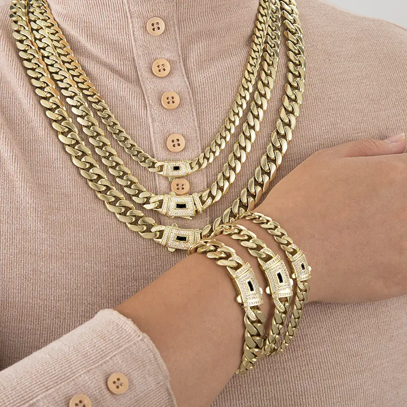 Vivid [New Upgraded Set] 14K Gold-Plated Cuban Necklace & Bracelet 6mm/8mm/10mm/12mm/14mm Vintage Feel Stainless Steel Anti-Rust Technology Wateroof Sweatoof Perfect Gift