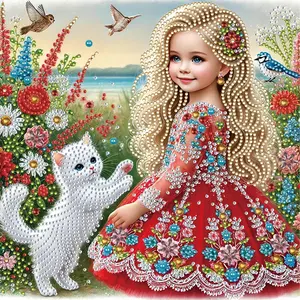 Cartoon Girl and Cat Diamond Drawing, Diamond Painting Kits, 30cmx30cm Irregular Diamond Stickers, DIY Handmade, Creative Gift for Home Decoration