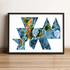 World Map, Fuller Projection World Map, Printed and Framed World Relief Map
