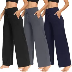 3-pack of women's wide-leg pants with pockets – casual, relaxed, yoga pants, athletic pants, casual lounge pants.