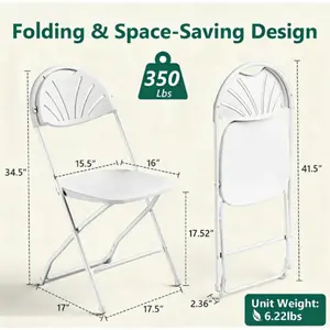 Folding Chair Pack, White Plastic No Assembly Required Folding Chairs with Non-Slip Feet, Foldable Chair Set for Camping, Parties, Weddings, Events