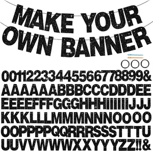 Glitter Black A-Z DIY Letter Banner Kit (116 PCS) - 111 Letters & Numbers, 3 Ropes, 2 Threading Devices for Birthday, Graduation Party Decor