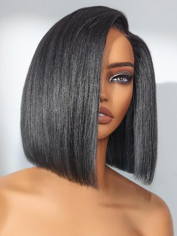 Bob Wig 100% Human Hair Wigs Glueless Lace Front 180% Density 10 Inches Bob, Pre Cut Plucked Lace Short Wig Ready To Go Natural Color Straight Bleached Knots Black Wigs