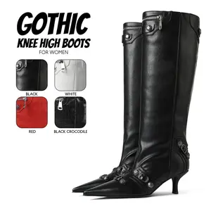 Gothic Boots for Womens Knee High Boot Pointed Toe Stiletto Kitten Heel Rivets Gothic Punk Zipper Pull On Party Work Casual Gifts for Her Holiday Stripper Motorcycle Riding Spring Summer Fashion Dressy Shoes