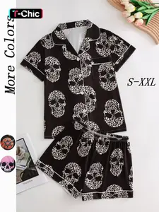 Halloween Women's All Over Skull Print Leopard Print Button Front Shirt & Shorts Pyjama Set, Comfort Two-piece Pj Set for Homewear, Women's Sleepwear for All Seasons, Leopard Print Pajamas