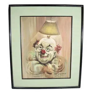 VTG "Smiling Clown Lamp Head" Original Oil Paint on Canvas Signed Langella