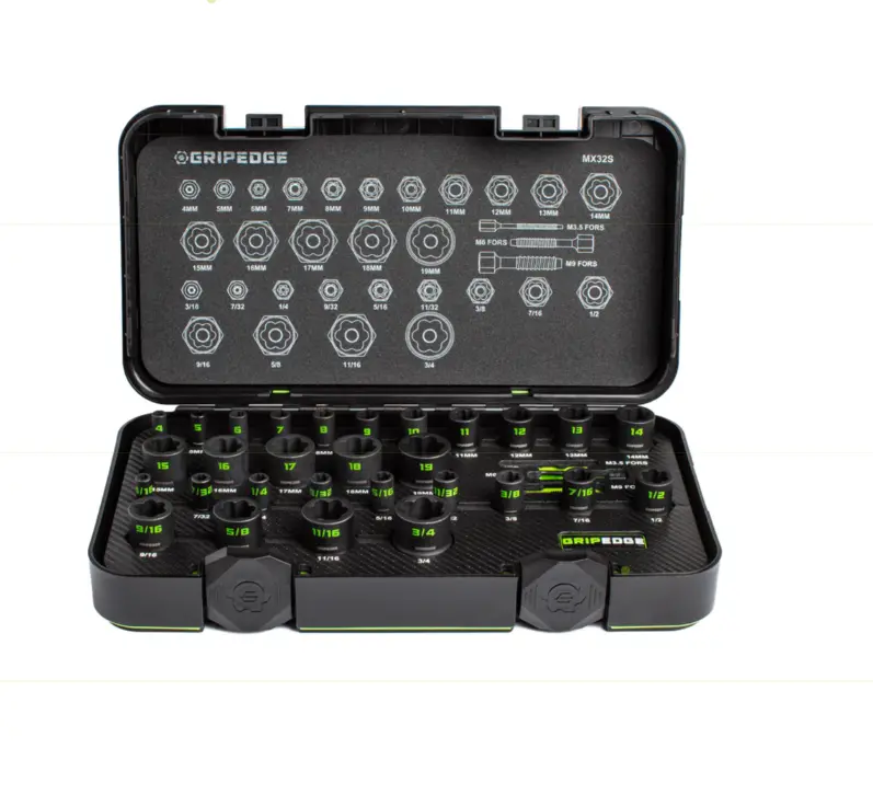 GripEdge 32 pc Hand Tools Master Socket Extractor Set - 1/4" & 3/8" Drive, Metric & SAE, Bi-Directional Gripping Power, Corrosion-Resistant Finish, Hammer Strikes Compatible