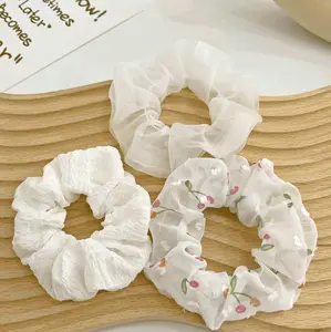 Soft White Cherry Pattern Scrunchies 3 Pack