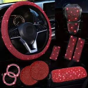 10-Piece Car Interior Set, Diamond Steering Wheel Covers, Sparkling Rhinestone Seat Belt Clips, Gear Shift Cover, Cup Mat, Fits Most Cars