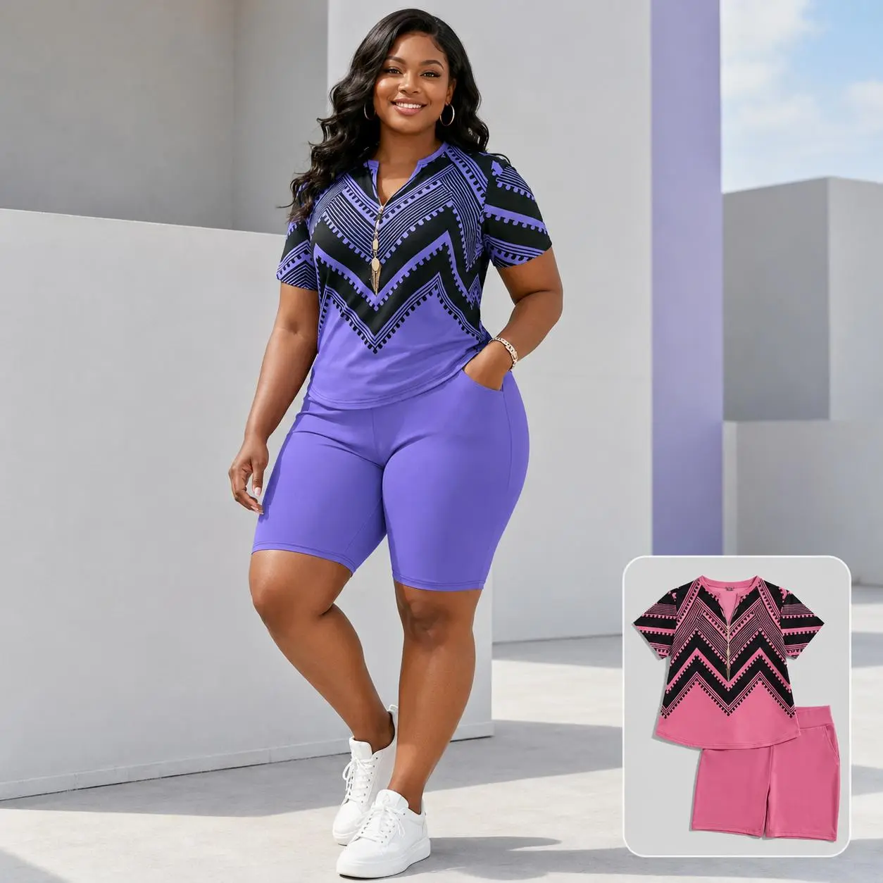 Women’s Plus Size Geometric Print Activewear Set, Short Sleeve Zip Neck Top with High Waist Pocket Shorts, Casual Athletic Outfit for Walking, Travel and Outdoor Wear