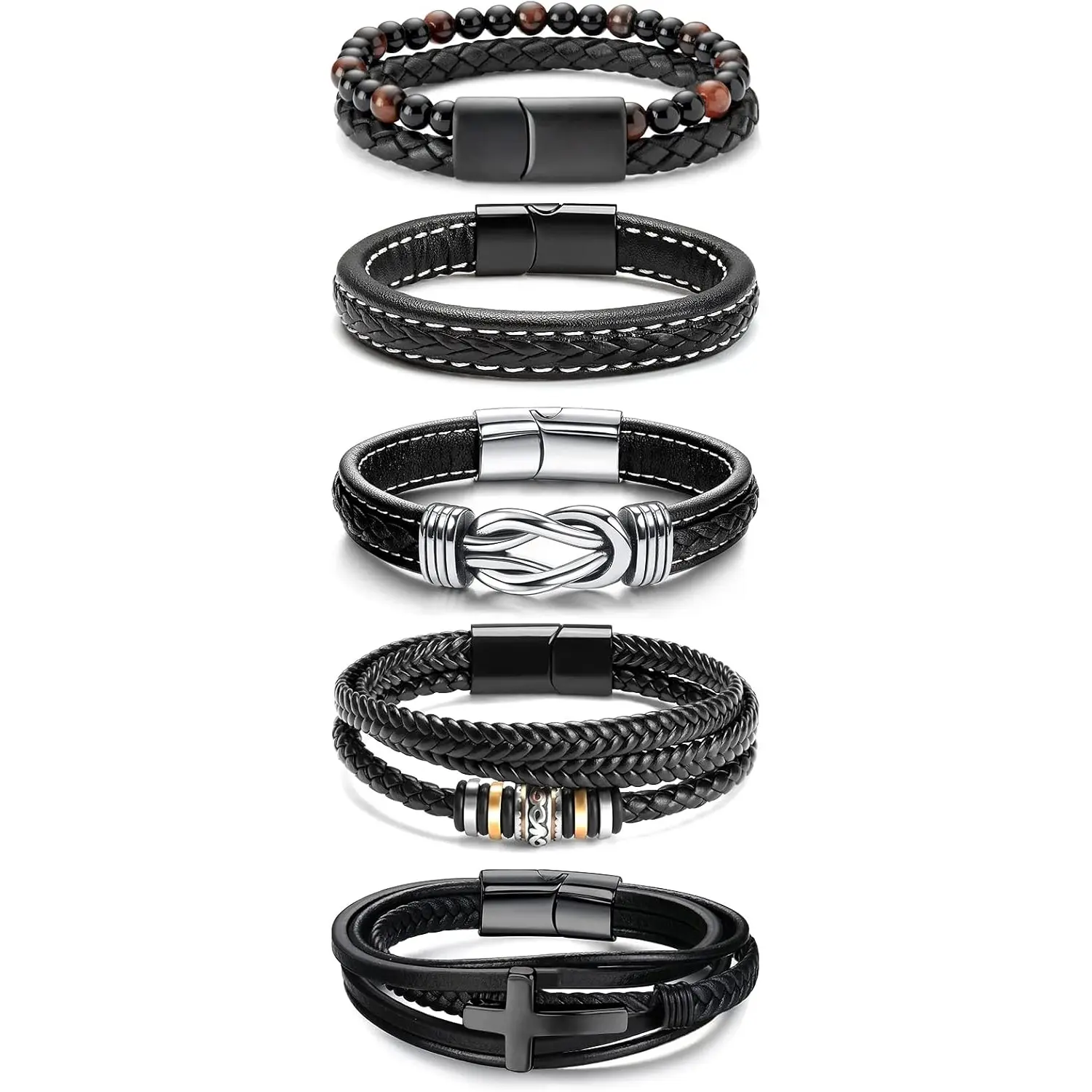 Black Leather Bracelets for Men Women 5pcs Mens Bracelet Leather and Steel Braided Cuff Bracelets