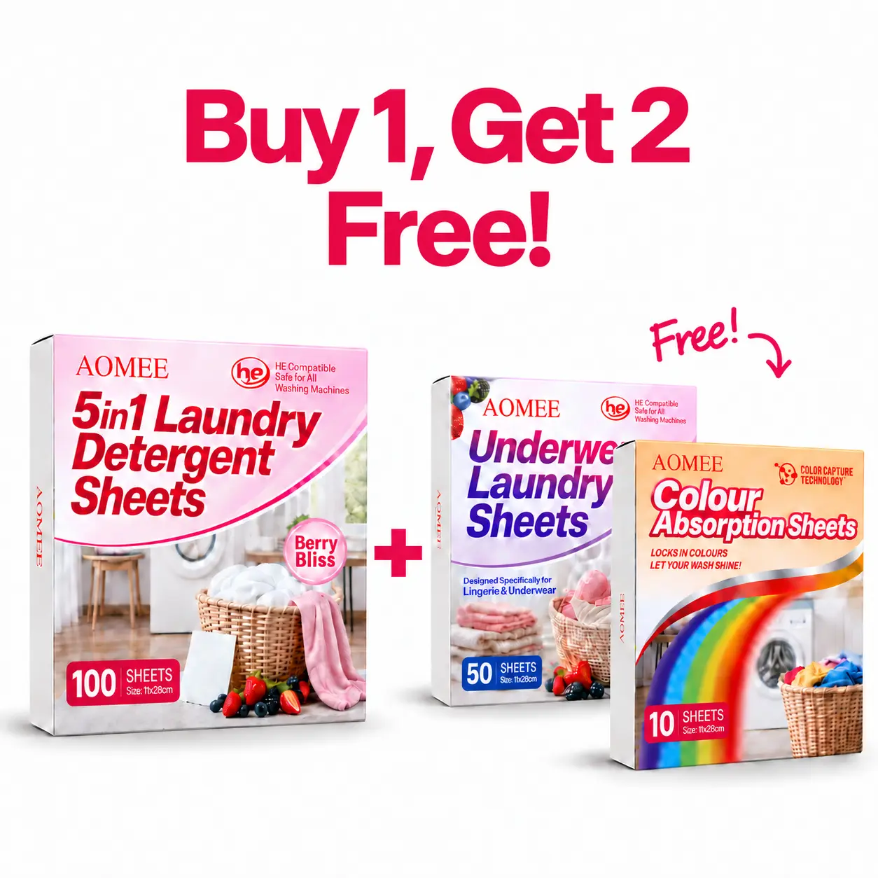 AOMEE Laundry Detergent Sheets Household Cleaner Gift Set - 3-Pieces (Buy 1 Get 2 Free), 150-Load Capacity, Berry, Hyaluronic Acid, Deep Clean Intimates, Gentle on Skin, Safe Ingredients, Fluorescent Whitening Agent-Free, No Irritating Chemical Residues