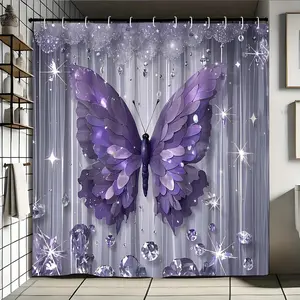 Diamond Butterfly Shower Curtain Single or 3 Piece Bathroom Set Machine Washable with Hooks Elegant Bathroom Decor