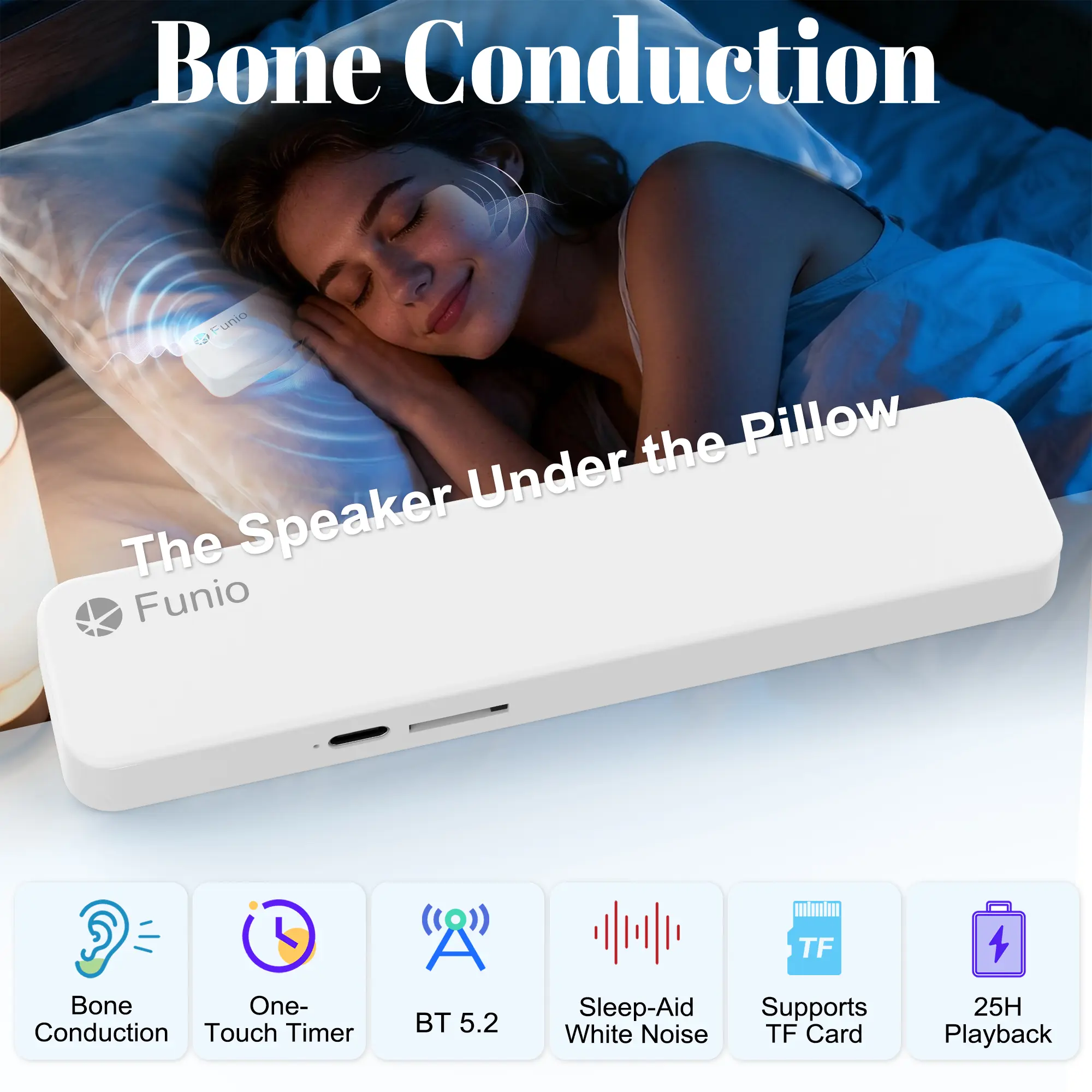 Bone Conduction Pillow Speaker - Bluetooth 5.2 Sleep Aid Speaker with White Noise, Timer, TF Card, Under Pillow SoundNo Earbuds Needed, Won't Disturb Your Partner